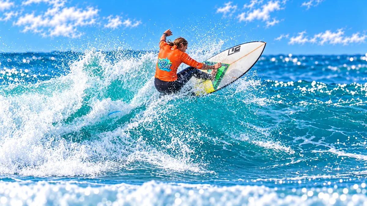 A Buen Surf rider in the school orange jersey turning off the top of a wave and throwing spray