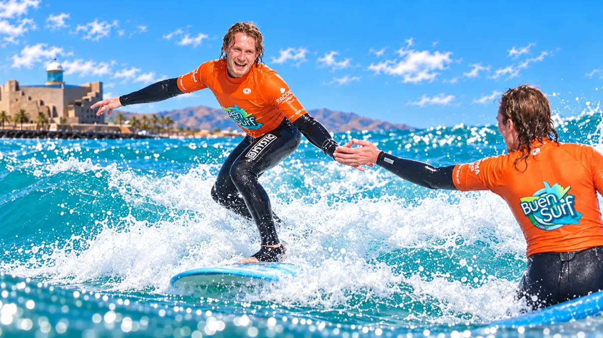 An instructor in the water reaching out to a student standing on a board at La Cicer