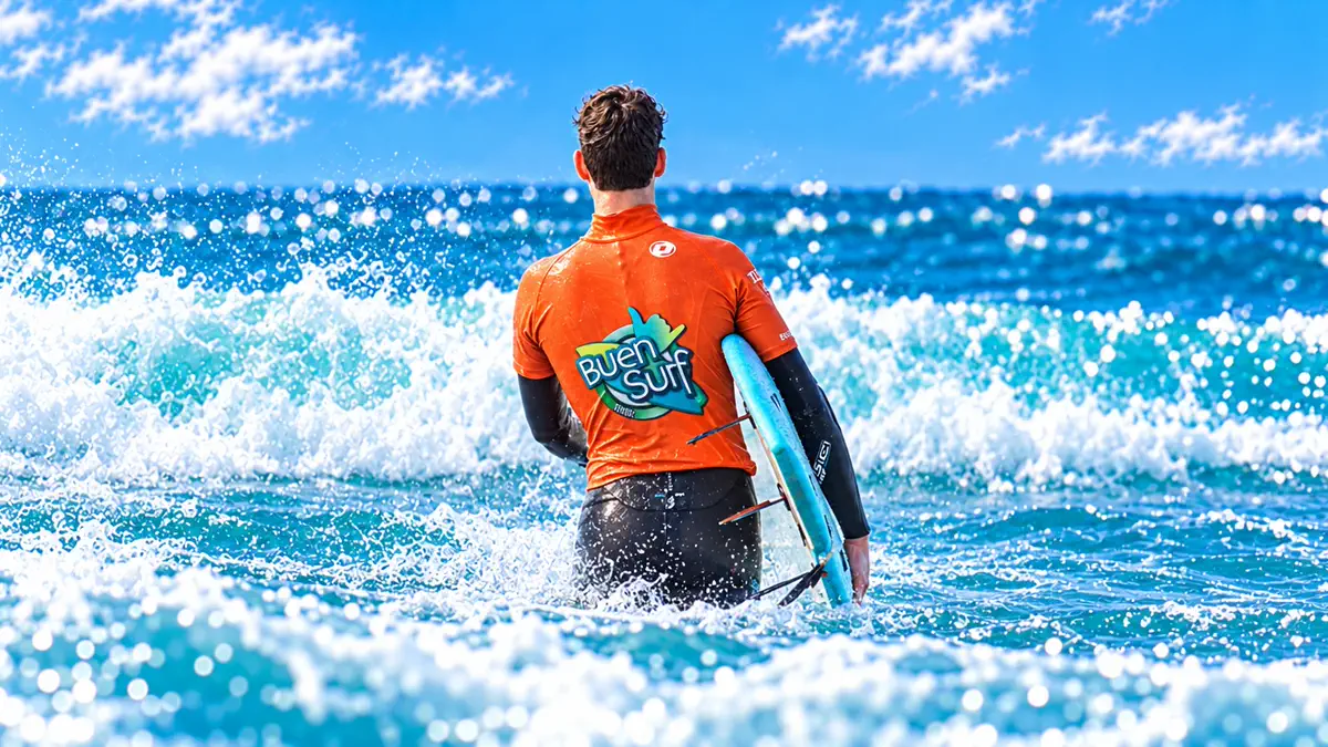 Un surfista con la camiseta de Buen Surf entrando al agua entre la espuma con una tabla bajo el brazo