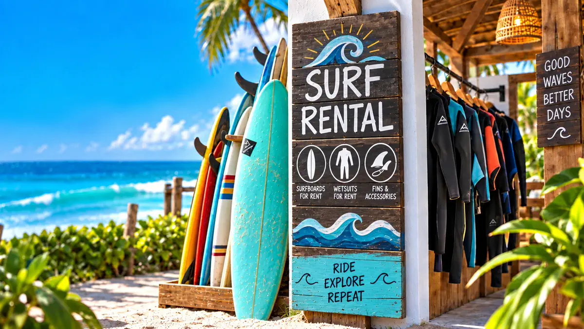 Tablas de surf en un rack y neoprenos colgados, junto a un cartel pintado de alquiler de tablas y neoprenos