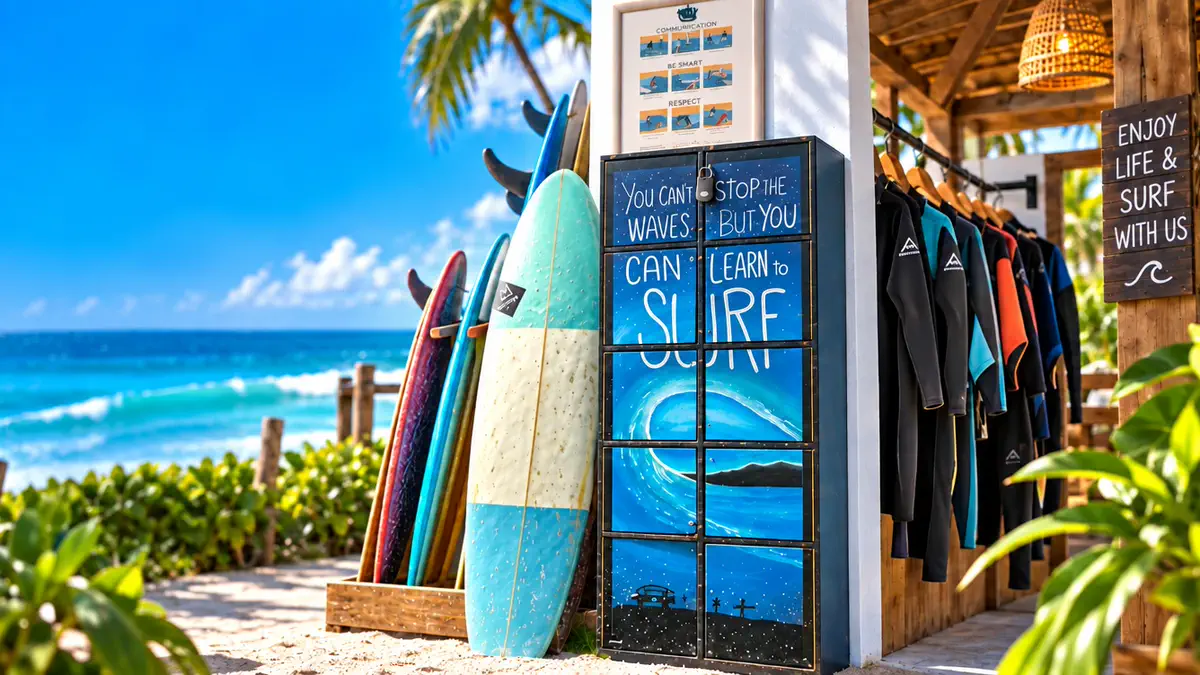 Surfboards standing in a rack and wetsuits on a rail, beside the painted storage lockers