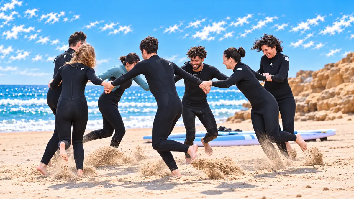 Un grupo en neopreno cogido de la mano en círculo sobre la arena, levantando arena, con las tablas detrás