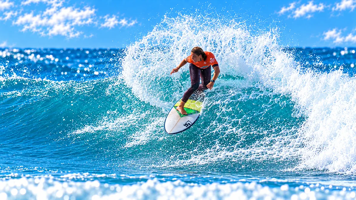A surfer dropping down the face of a clean blue wave on a green and yellow board