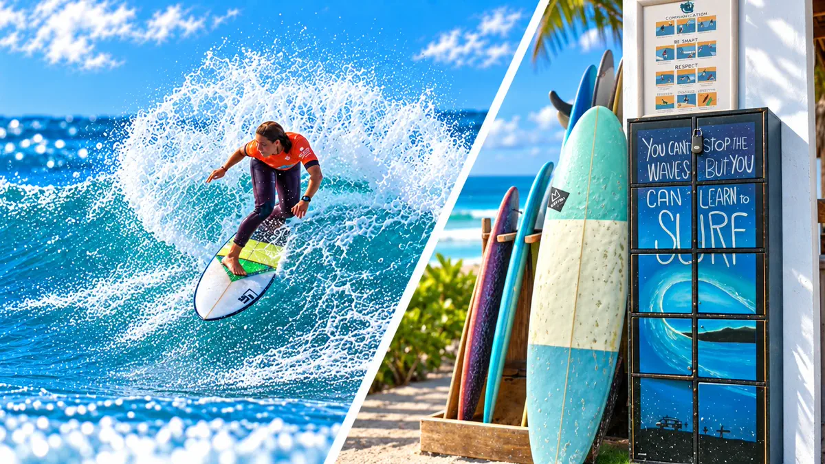 A surfer riding a wave, beside the board racks and the lockers where boards are kept